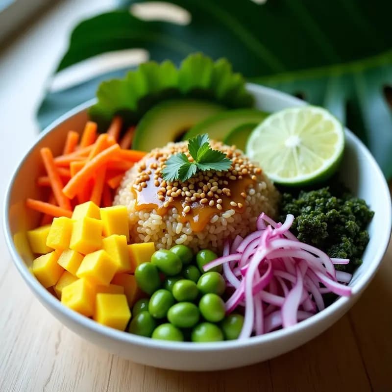 Poke Bowl Hawaiano de Mango y Aguacate con Salsa de Sésamo y Lima