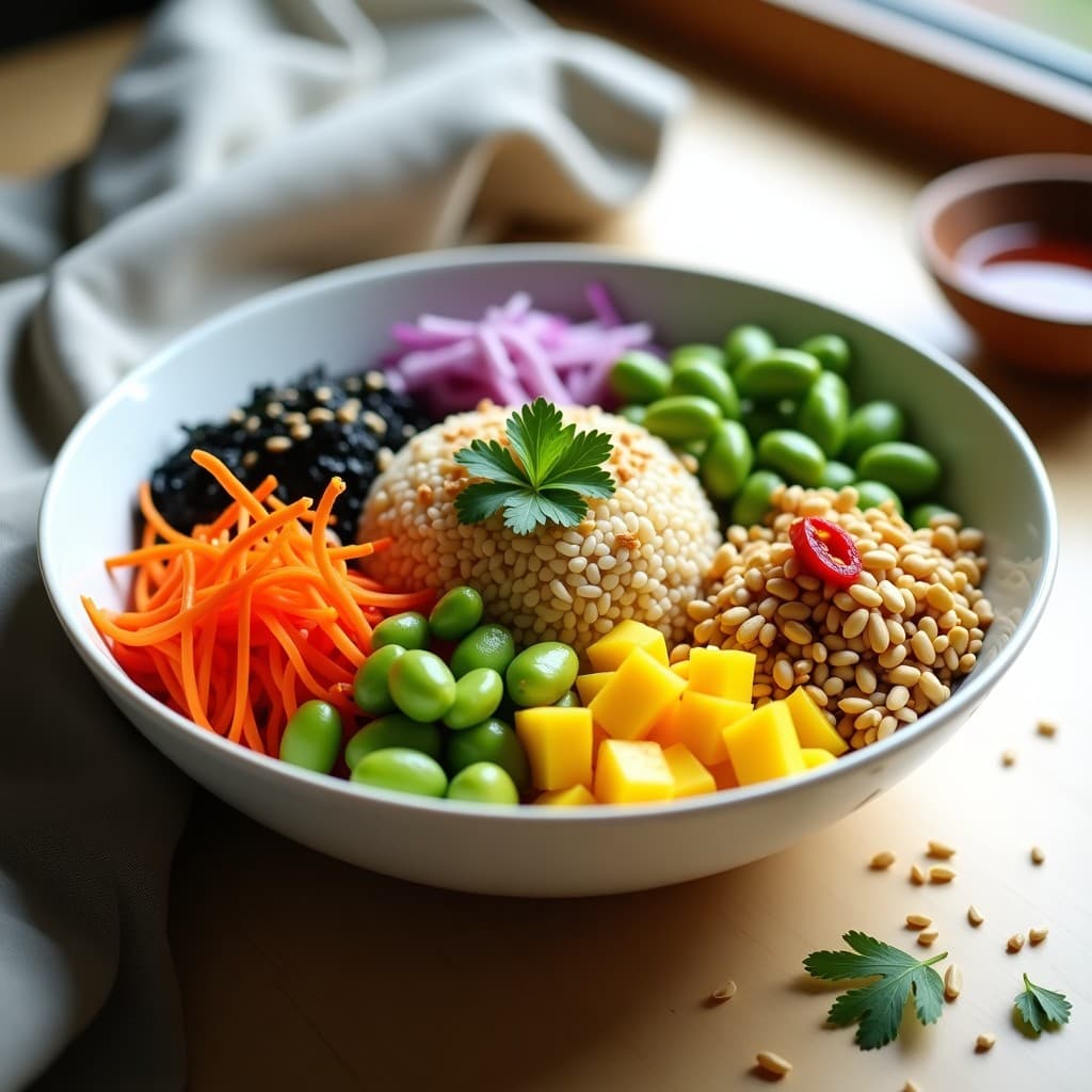 Poke Bowl de Mango Verde y Edamame con Vinagreta de Limón Yuzu: Receta Tailandesa Vegana