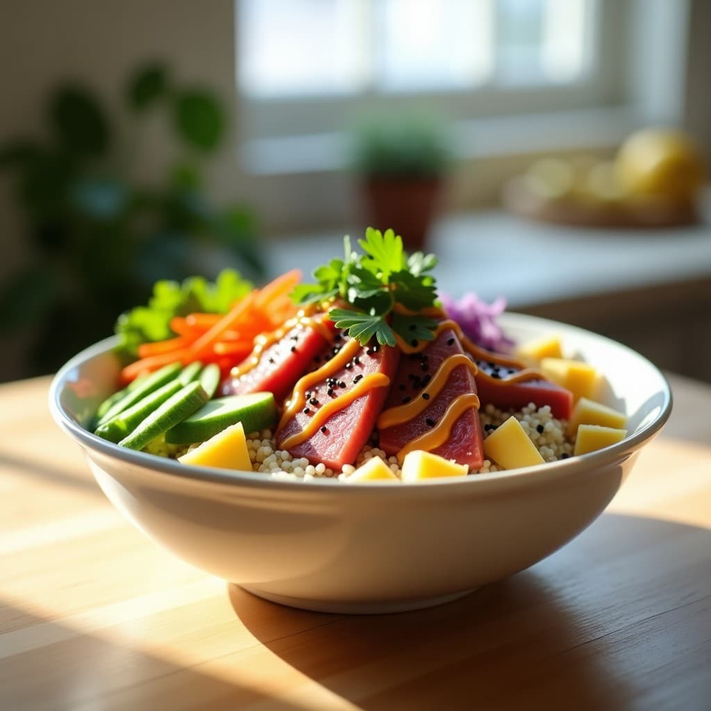 Poke Bowl de Quinoa con Atún Marinado y Salsa Sriracha-Mayo: Receta Hawaiana Proteica en 20 Minutos