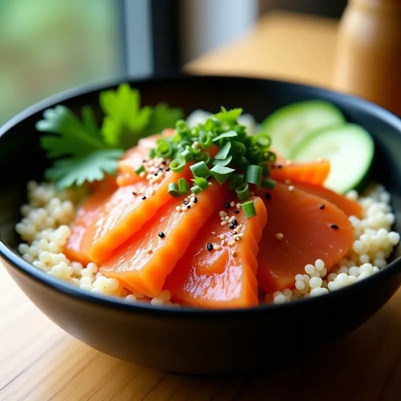 Poke Bowl de Quinoa y Salmón Crudo con Aderezo de Sésamo: Receta Hawaiana Keto y Alta en Proteína