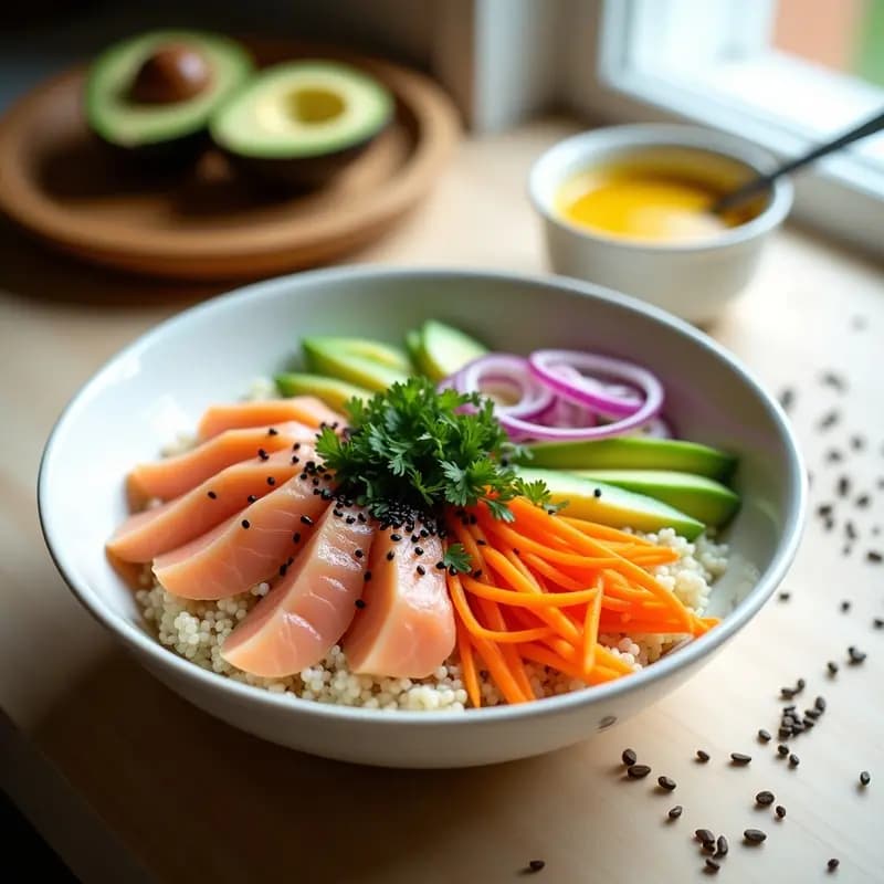 Poke Bowl de Quinoa y Salmón con Aderezo de Maracuyá: Receta Hawaii Vegana Opcional