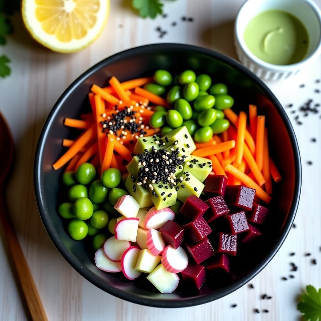Poke Bowl de Remolacha y Edamame con Alioli de Wasabi: Receta Vegana y Crudivegana
