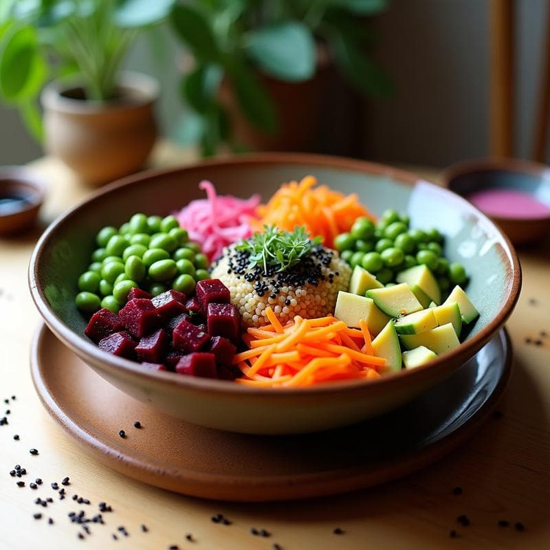 Poke Bowl de Remolacha y Raíz de Loto: Receta Vegana con Vinagreta de Sésamo Negro