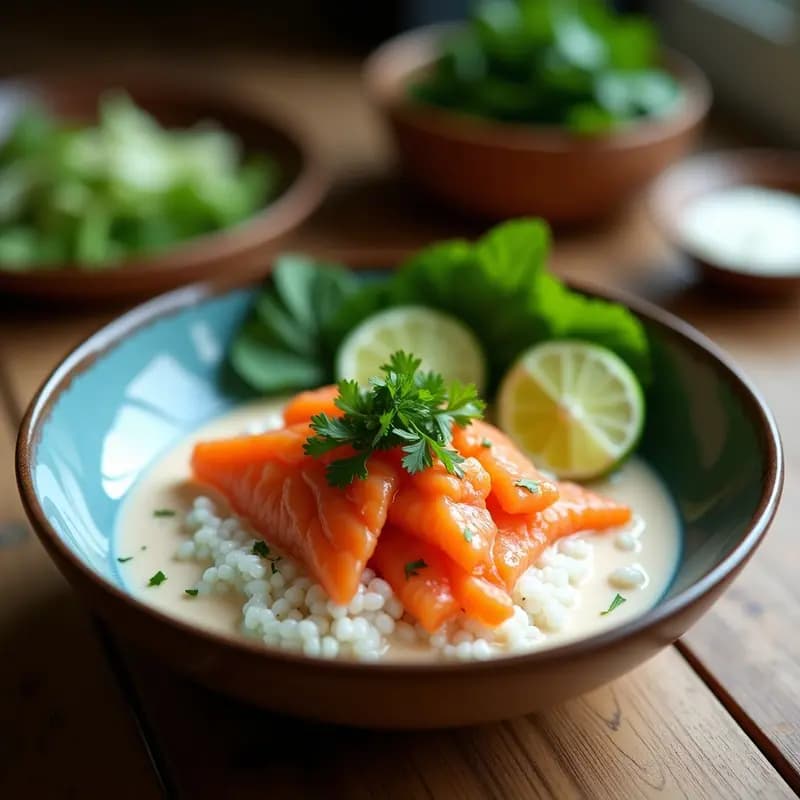 Poke Bowl tailandés de Salmón Marinado con Leche de Coco y Cilantro: Receta Fusion Keto