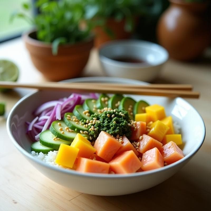 Poke Bowl de Salmón, Mango y Aguacate con Salsa de Wasabi: Receta Hawaii-Japonesa en 15 Minutos