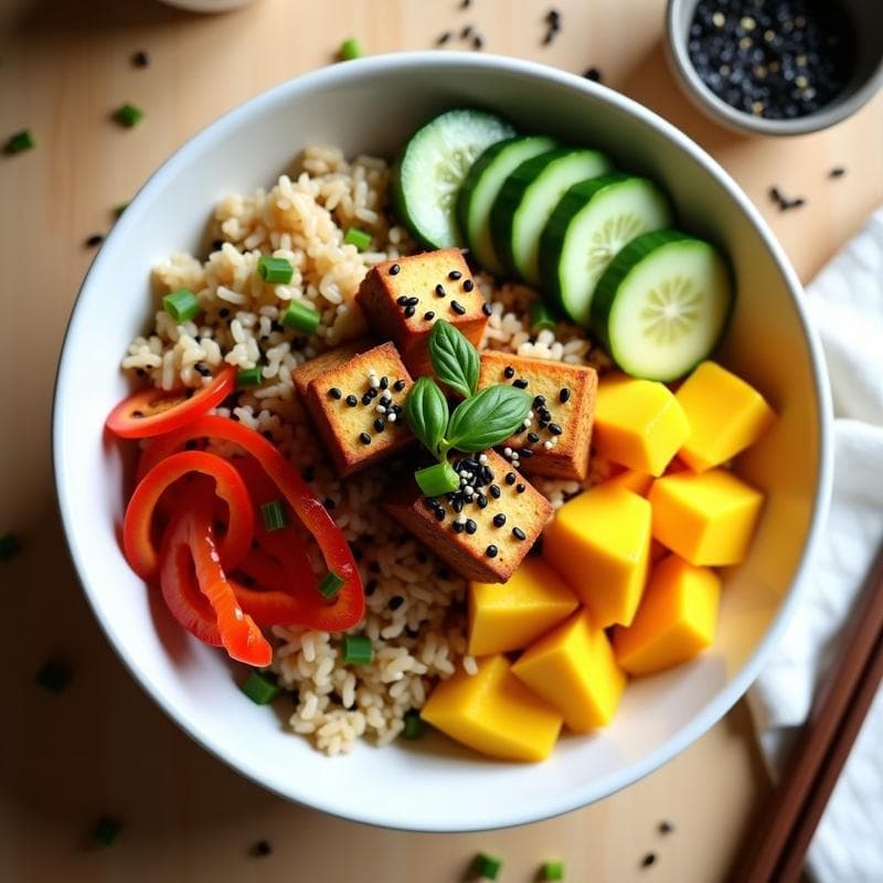 Poke Bowl de Tofo Ahumado y Mango: Receta Vegana con Aderezo de Sésamo