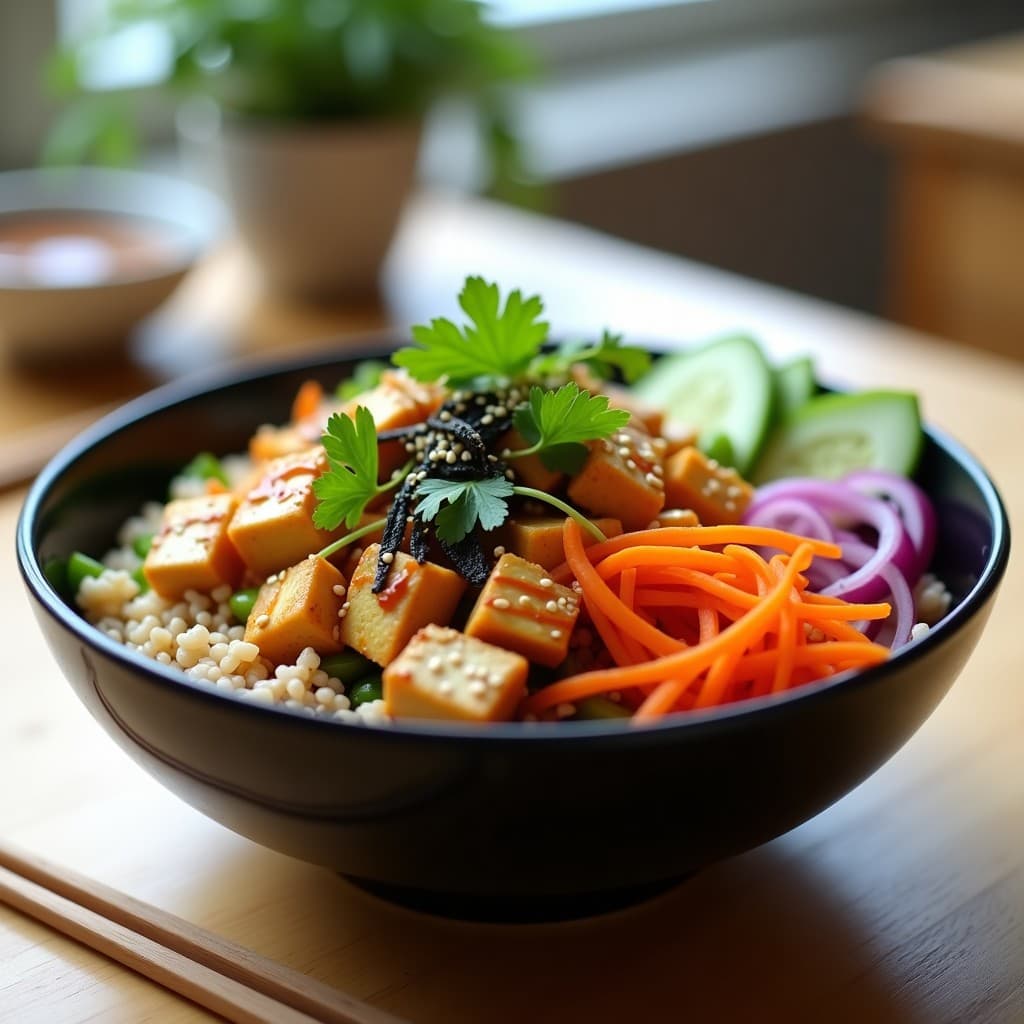 Poke Bowl de Tofu Marinado con Edamame y Vinagreta de Sésamo: Receta Vegana en 15 Minutos