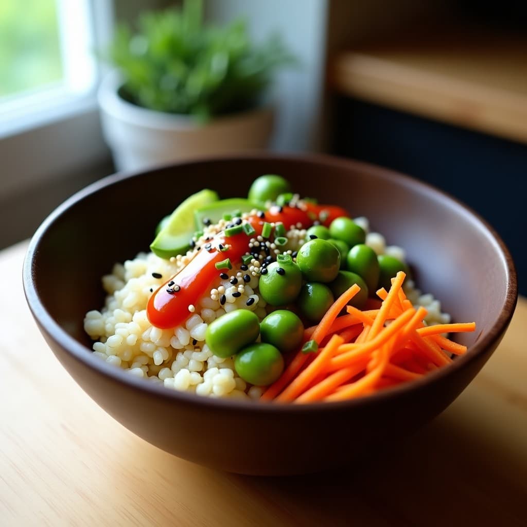 Poke Bowl Vegano de Coliflor Arrozada y Edamame con Salsa Sriracha: Receta en 10 Minutos