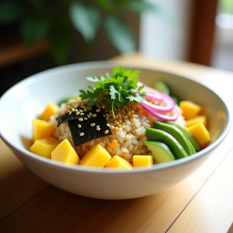 Poke Bowl Vegano de Mango, Aguacate y Edamame: Receta Hawaiana con Aderezo de Sésamo en 10 Minutos