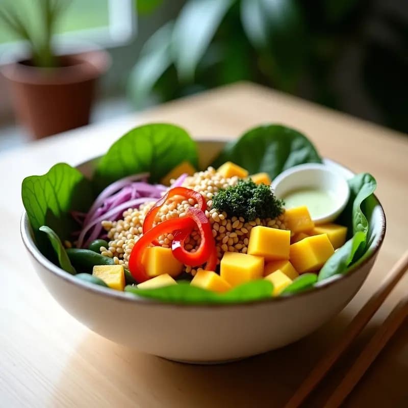 Poke de Espinacas y Mango con Vinagreta de Wasabi: Receta Hawaiiana Vegana para Llevar