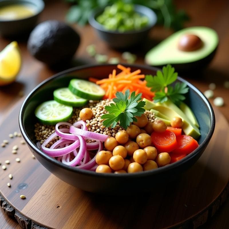 Poke de Garbanzos y Aguacate con Aderezo de Limón: Bowl Vegano Alto en Proteína