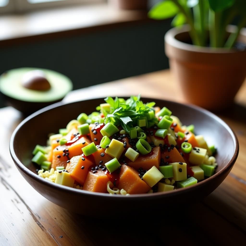 Poke de Jackfruit y Aguacate con Vinagreta de Miso Rojo: Receta Vegana Hawaiian-Japonesa para Llevar
