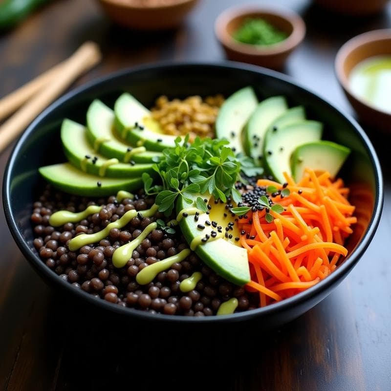 Poke de Lentejas Beluga y Aguacate: Bowl Vegano con Aderezo de Wasabi