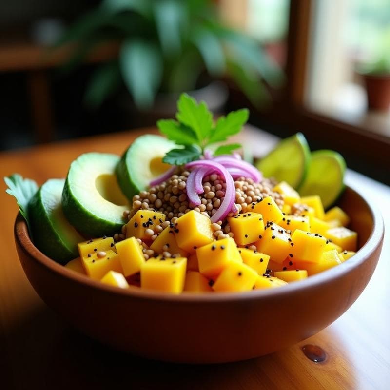 Poke de Mango, Aguacate y Semillas de Amaranto con Aderezo de Lime y Chili: Receta Hawaiana Vegana