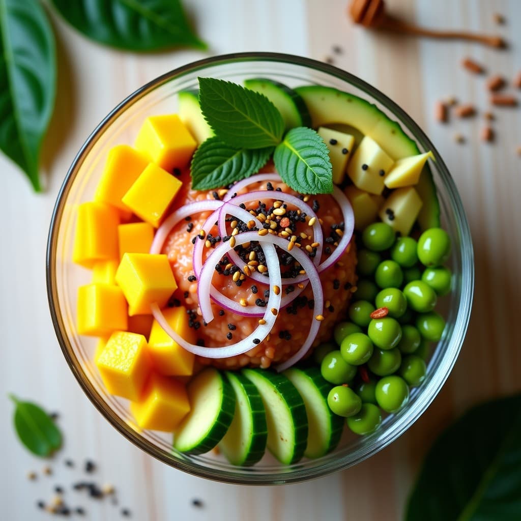 Poke de Mango y Aguacate con Vinagreta de Lima y Chile: Receta Vegana Hawaiana para Tupper