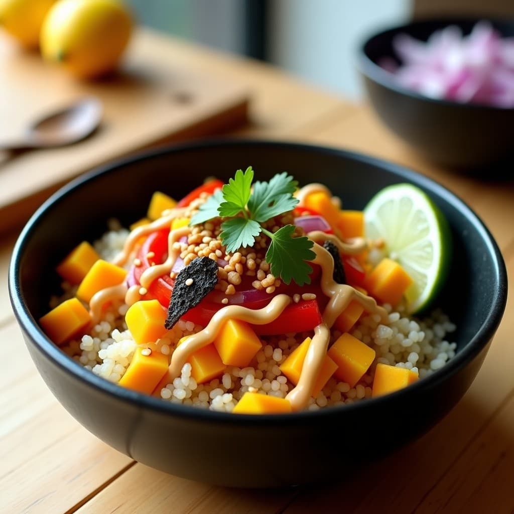 Poke de Quinoa y Mango con Aderezo de Cacahuete: Receta Hawaiana Vegana para Tupper