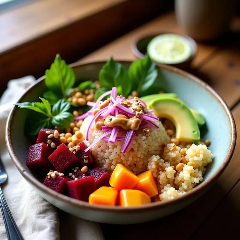 Poke de Remolacha y Quinoa con Salsa de Cacahuete: Receta Hawiana Vegana y Sin Gluten