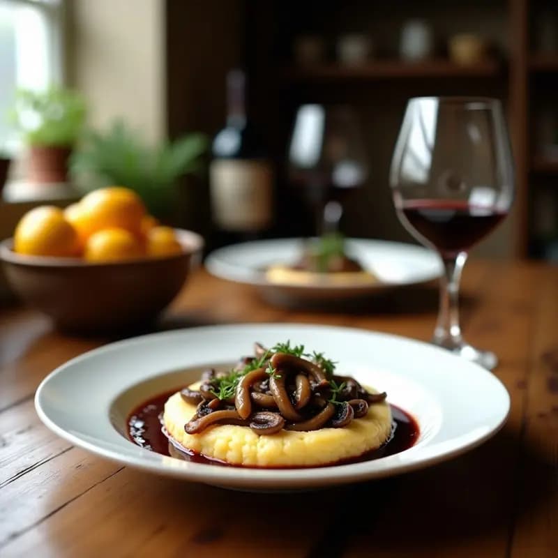 B contrato de Polenta y Champiñones con Reducción de Vino Tinto: Receta Italiana en Sartén Antiadherente