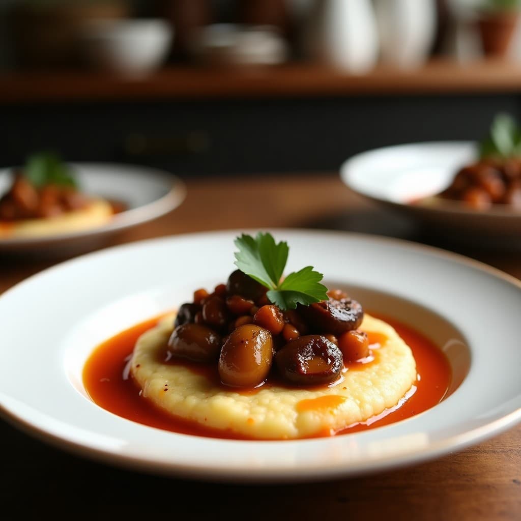 Polenta Cremosa con Ragú de Berenjena y Aceitunas Kalamata: Receta Italiana Vegana