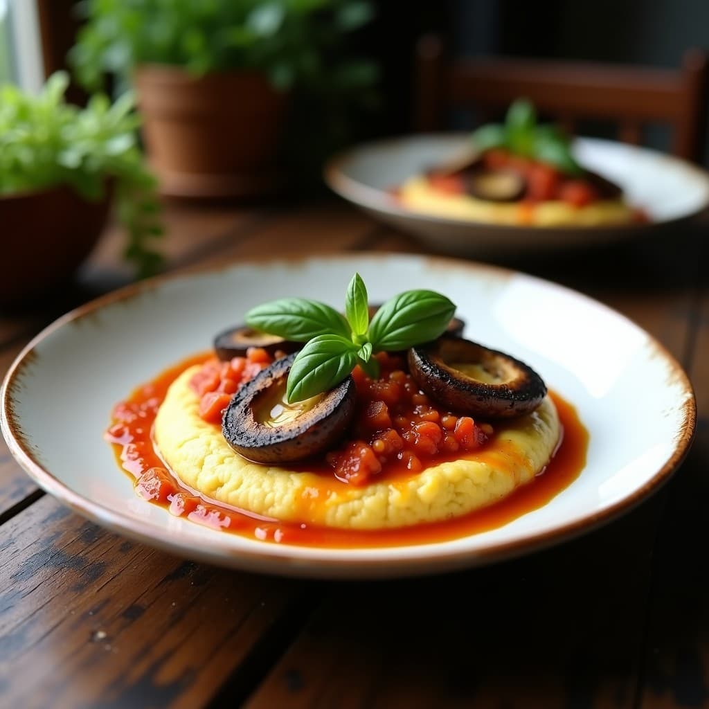 Polenta Cremosa con Hongos Portobello y Romesco de Almendras: Receta Italiana Keto