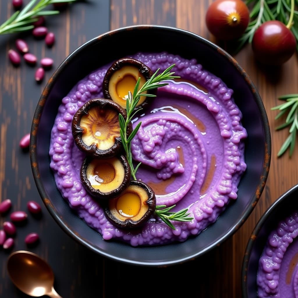 Polenta Cremosa de Harina de Maíz Morado con Hongos Portobello: Receta Peruana Vegana