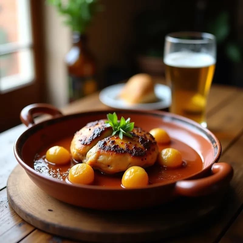 Pollo a la Cerveza con Patatas Confitadas
