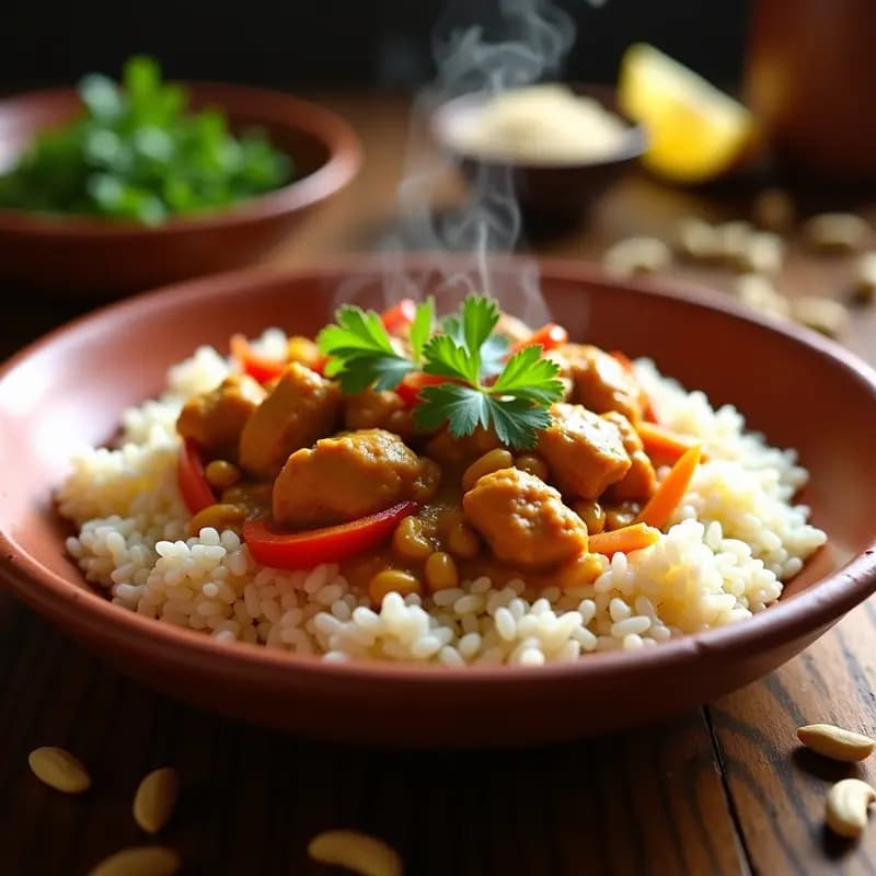 B conquered de Pollo al Cacahuete: Receta Africana con Arroz Basmati y Verduras