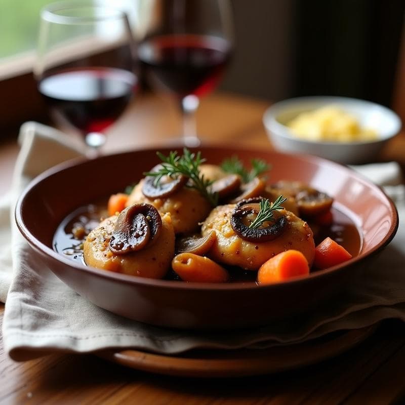 Pollo al Vino Tinto y Champiñones: Estofado Francés en Olla Lenta y Reconfortante