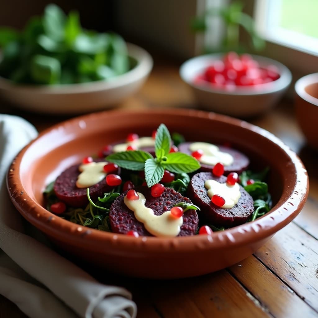 Porreta de Patata Morada y Espinacas con Salsa de Tahini y Granados: Receta de Oriente Medio en Airfryer