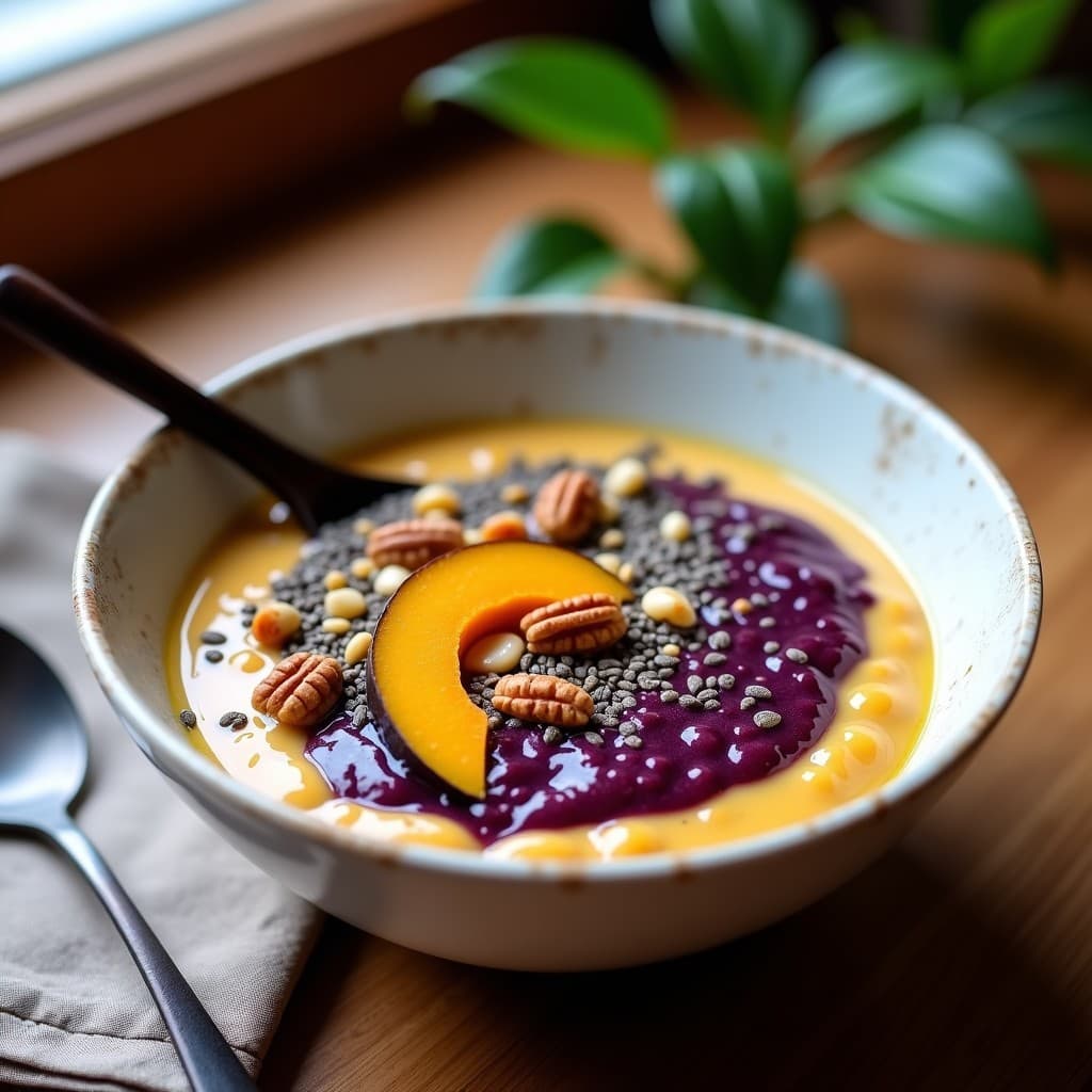 Porridge de Amaranto con Puré de Calabaza Morada y Semillas de Cálamo: Desayuno Antioxidante Sin Gluten
