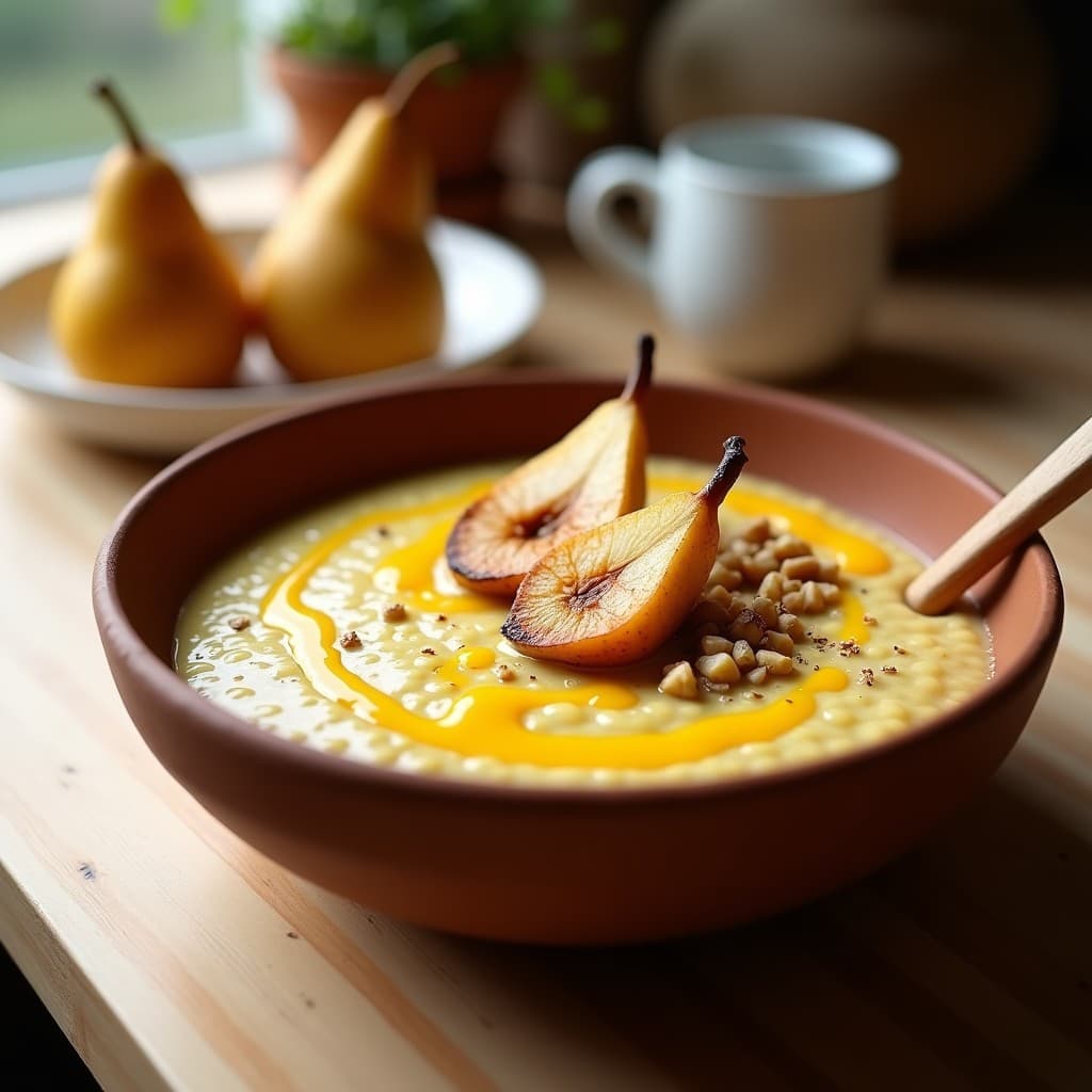 Porridge de Mijo con Leche de Cúrcuma y Peras Asadas: Desayuno Ayurvédico Sin Lactosa
