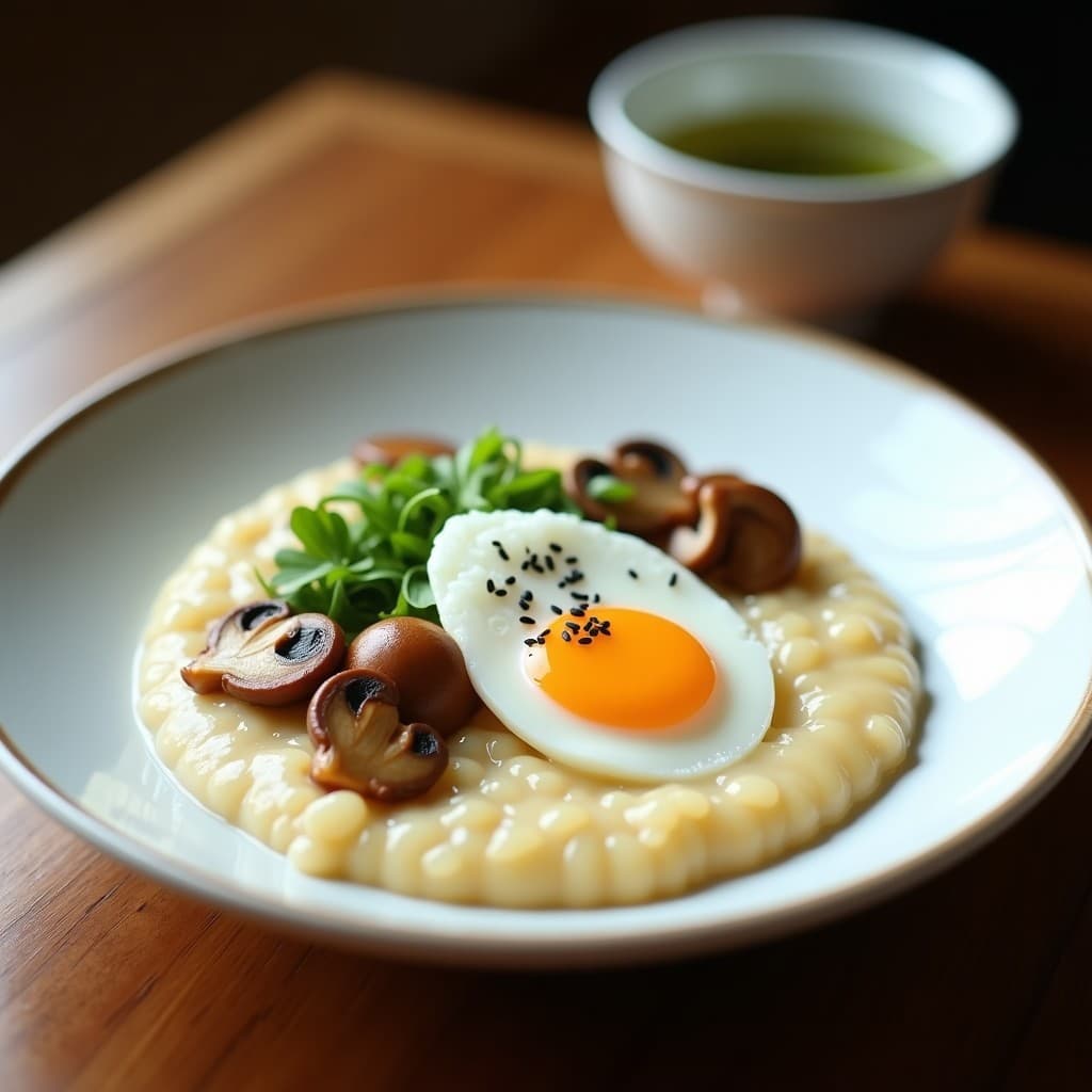 Porridge Salado de Mijo con Hongos Shimeji y Huevo Poché: Desayuno Japonés Alto en Proteína