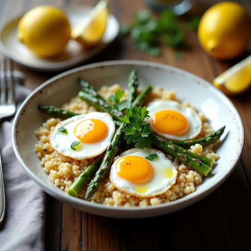 Porridge Salado de Quinoa con Espárragos Blancos y Huevos de Codorniz: Desayuno Proteico Sin Gluten