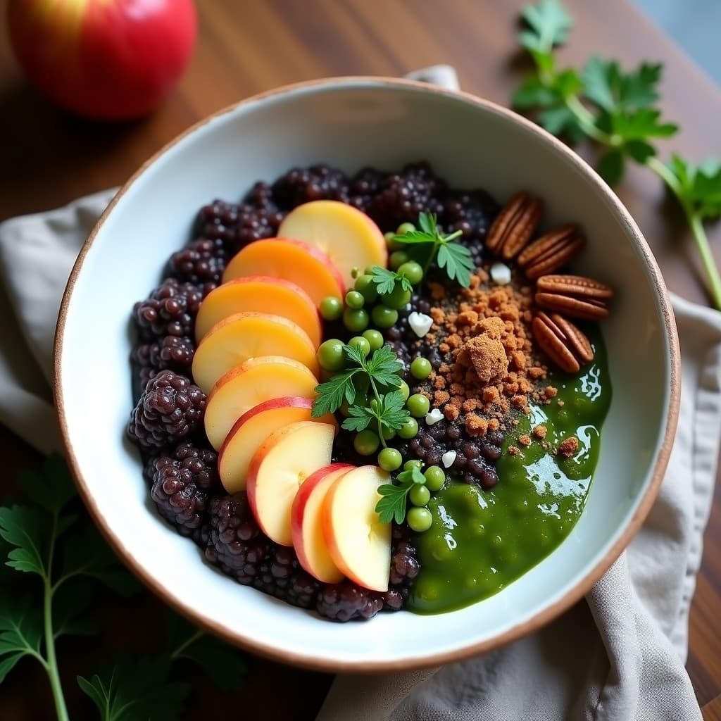 Porridge de quinoa negra con compota de perejil y rizos de manzana: Desayuno keto con toque herbario