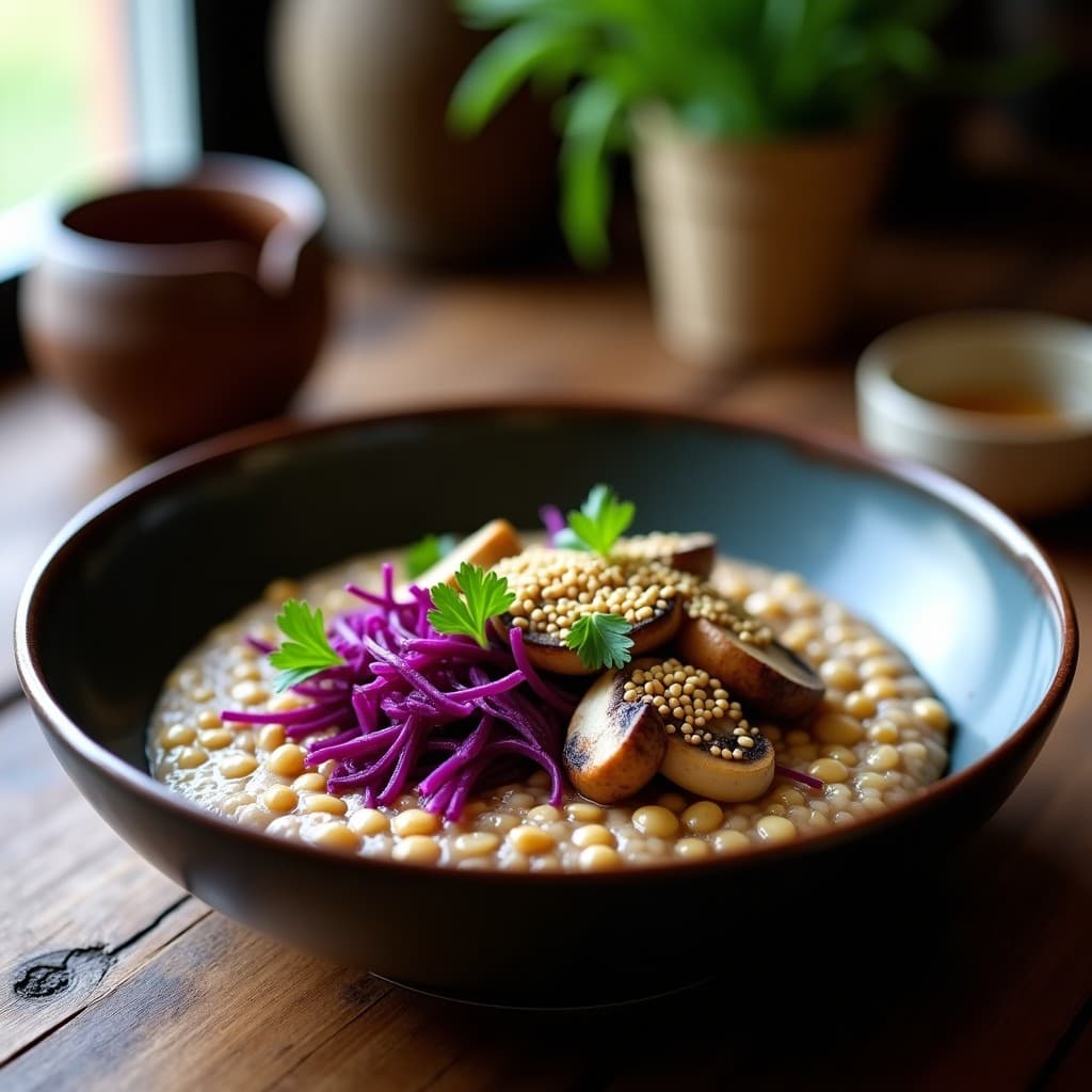 Porridge Salado de Trigo Sarraceno con Hongos y Lombarda Morada: Desayuno Vegano y Sin Gluten