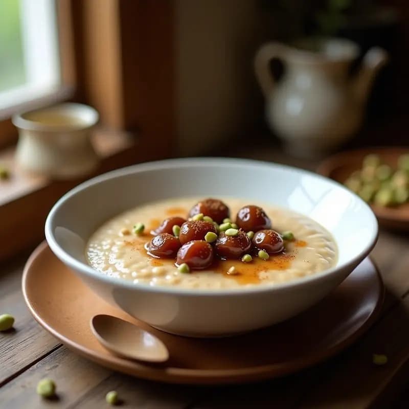 Porridge de Semillas de Loto y Leche de Pistacho con Caramelo de Dátil: Desayuno Persa Sin Lácteos