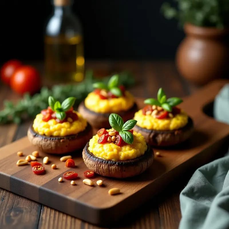 Portobello al horno relleno de Polenta y Tomates Secos: Receta Italiana Vegana