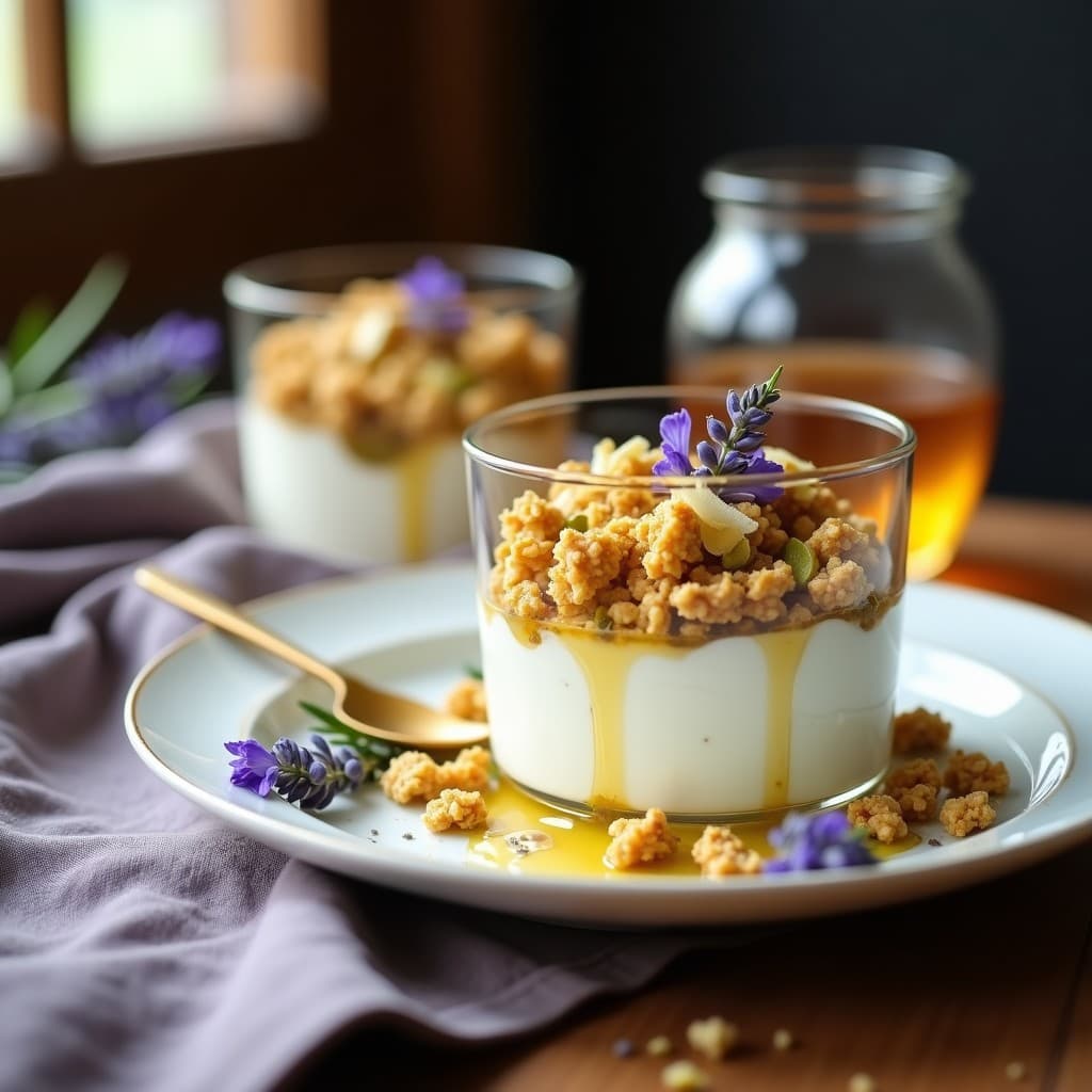 Postre de Yogur Griego con Granola de Pistacho y Miel de Lavanda: Receta Keto Sin Gluten