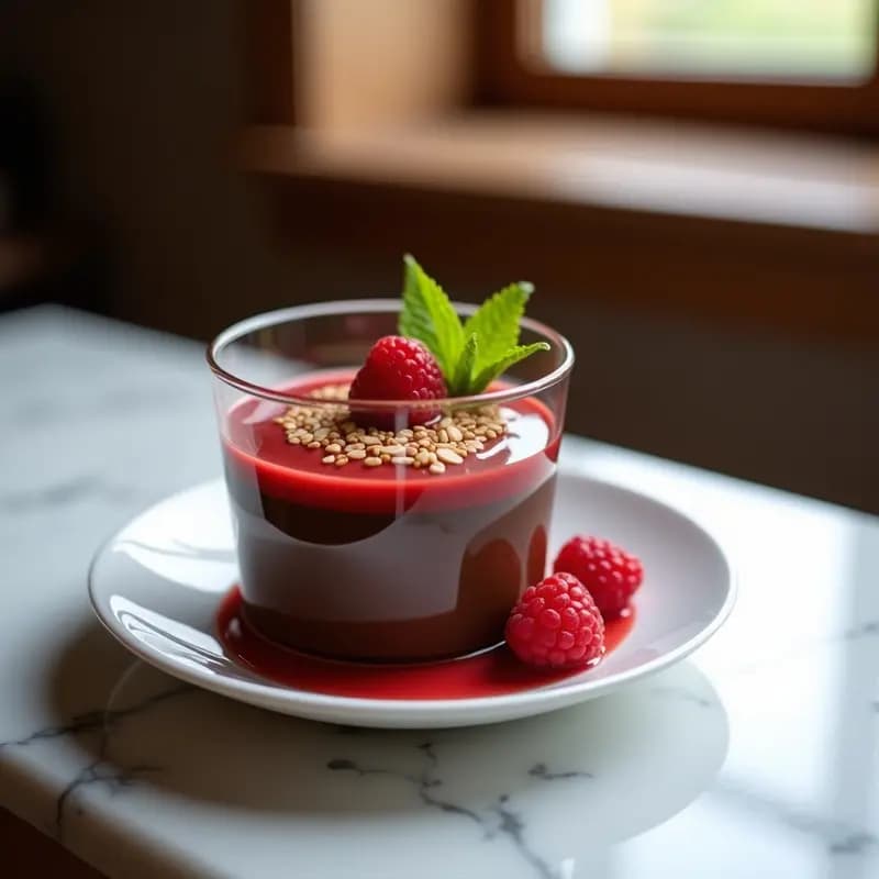 Poute de Chocolat Belga con Coulis de Frambuesa: Postre Francés Sin Lácteos y Sin Azúcar