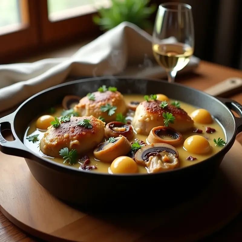 Poulet au Vin Blanc con Champiñones y Cebollitas Perlitas: Receta Francesa Clásica en Una Olla