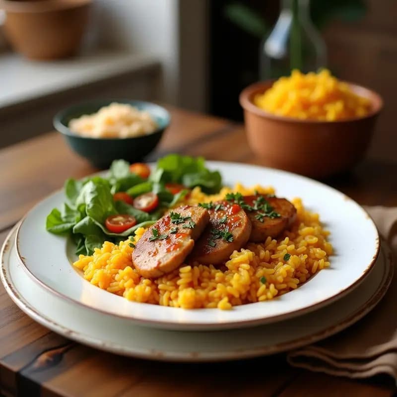 Poulet Yassa Senegales: Pollo Marinado en Cebolla y Mostaza con Arroz Jazmín