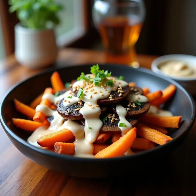 Poutine de Batata y Champiñones con Salsa de Miso: Receta Canadiense Vegana y Sin Lácteos