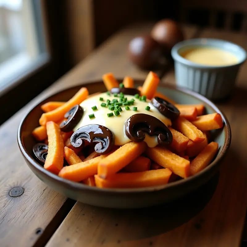 Poutine de Batata y Gravy de Hongos Portobello: Receta Canadiense Vegana y Sin Gluten