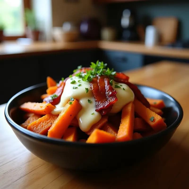 Poutine de Batata con Queso de Cabra y Bacon de Tempeh: Receta Canadiense Vegana