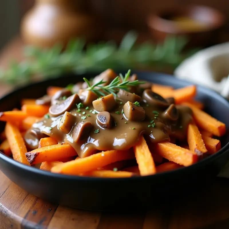 Poutine de Batata y Queso Cheddar Vegano: Receta Canadiense Light con Gravy de Setas