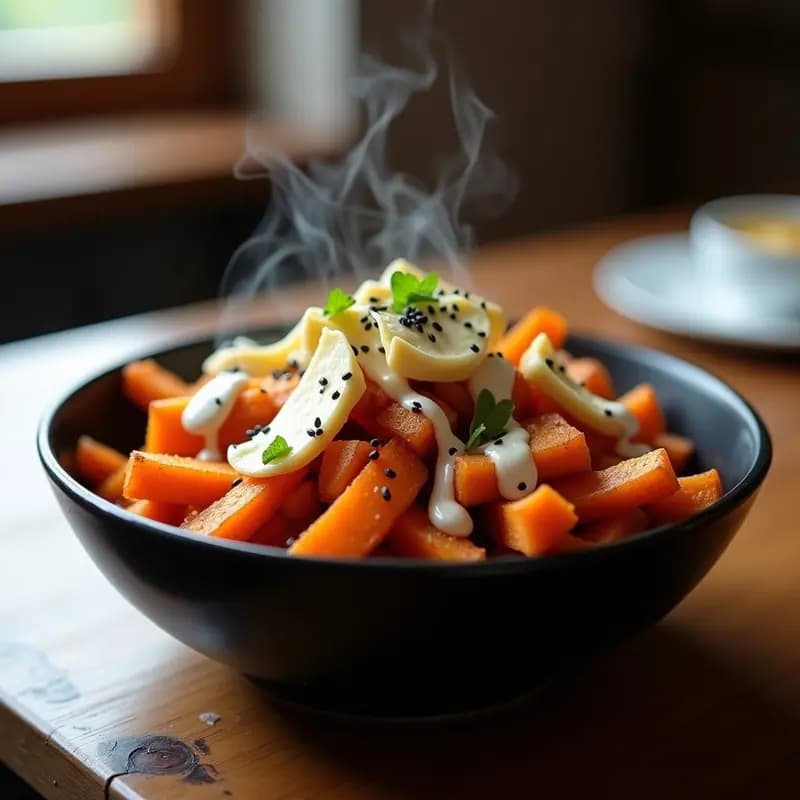 Poutine de boniato y queso halloumi: Receta canadiense sin gluten y con salsa de miso