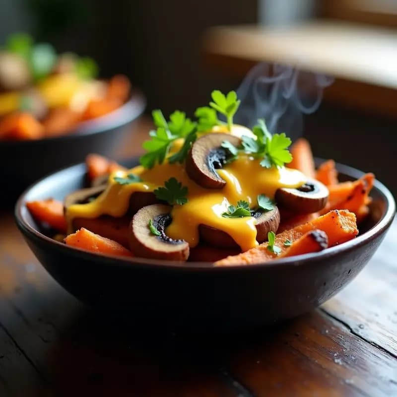 Poutine de Boniatos con Queso Vegano y Hongos: Versión Australiana Light