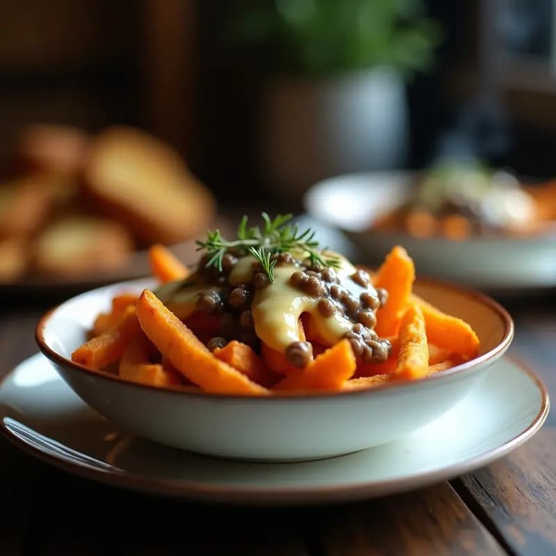 Poutine de Camote y Queso Vegano: Receta Canadiense Sin Lactosa en Horno con Gravy Casero