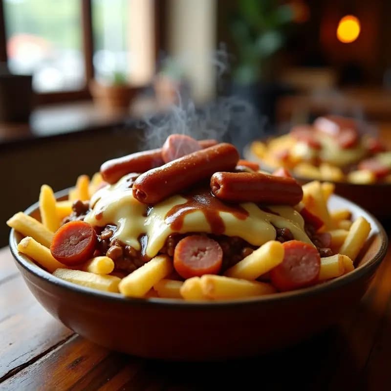 Poutine Canadá con Queso en Grano, Gravy de Carne y Trozos de Salchicha