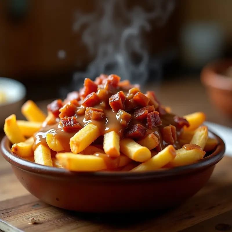 Poutine Canadá con Queso en Grano, Gravy y Tocino: El Plato Nacional más Indulgente
